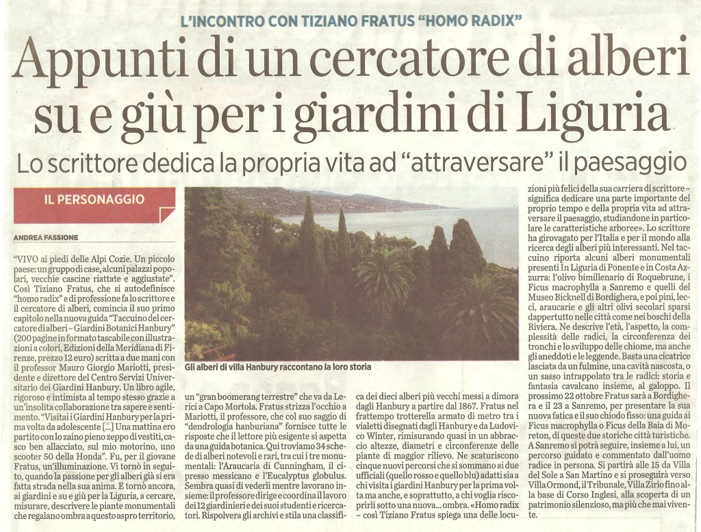 Articolo sulle pagine del quotidiano ligure Il Secolo XIX
